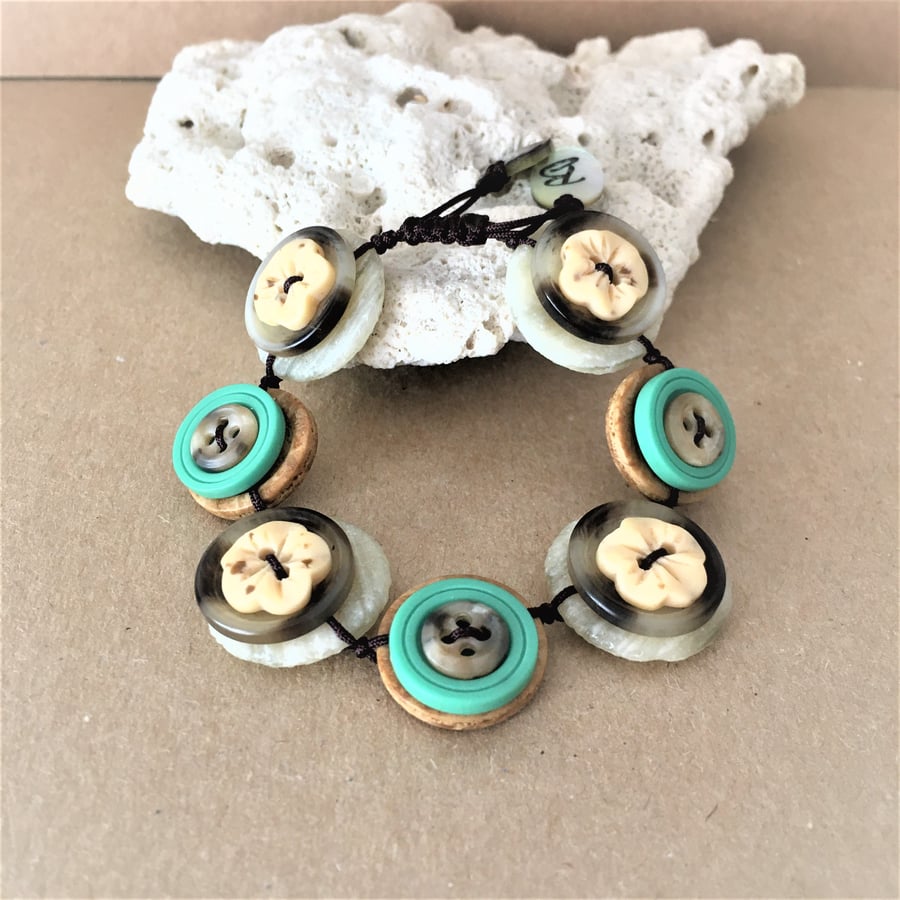 Biscuit beige & turquoise green color theme - Vintage Button Adjustable Bracelet