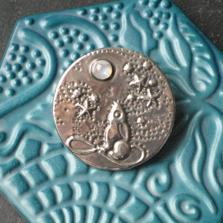 Hare Brooch with Rainbow Moonstone