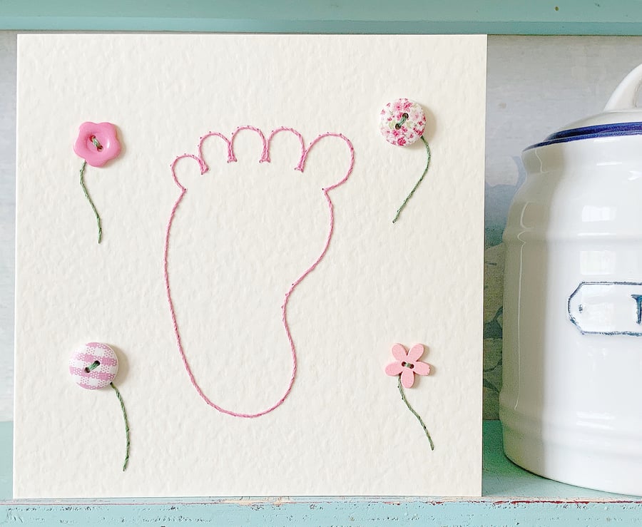 Hand Stitched Card. New Baby Card. Baby Shower Card.  Baby Girl Card. Blank Card