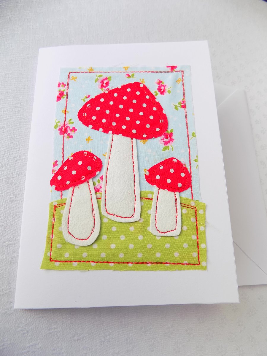 Toadstool Greeting Card Raw Edge Free Motion Embroidery Applique Stitched Fabric