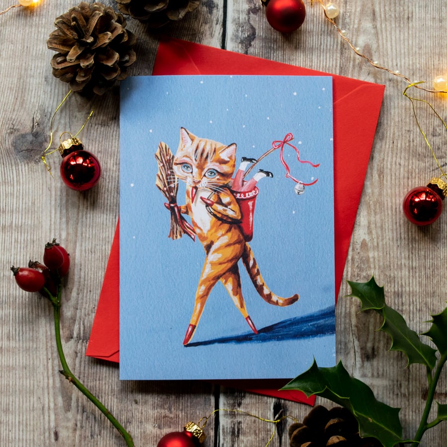 Kitschy cute ginger Krampus cat festive card, A6