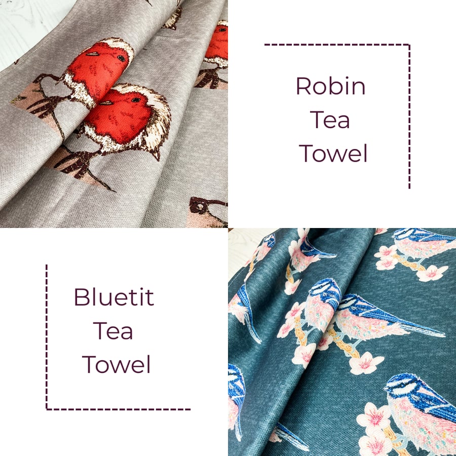 Printed Tea Towel, choose Robin or Bluetit
