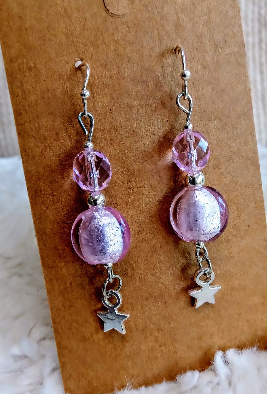 Pale pink silver foiled small coin bead & Czech crystal on silvertone EARRINGS