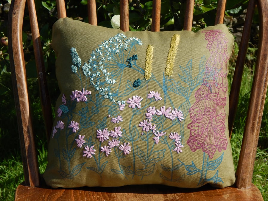 Green hedgerow flowers  - Screen printed with hand embroidery