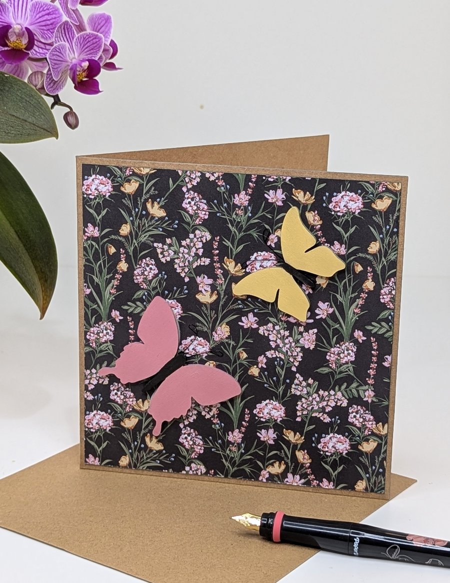 Blank handmade floral card with wooden butterfly embellishments, any occasion 