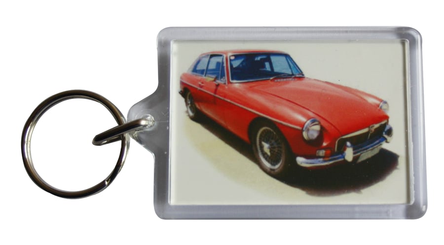 MGB GT Mk1 1969 (White) - Keyring with 50x35mm Insert - Car Enthusiast