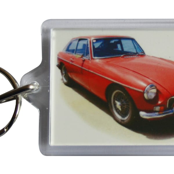 MGB GT Mk1 1969 (White) - Keyring with 50x35mm Insert - Car Enthusiast
