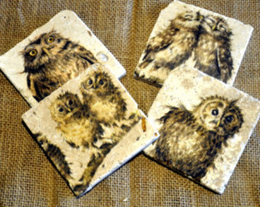 Set of Four Owl Natural Stone Coasters