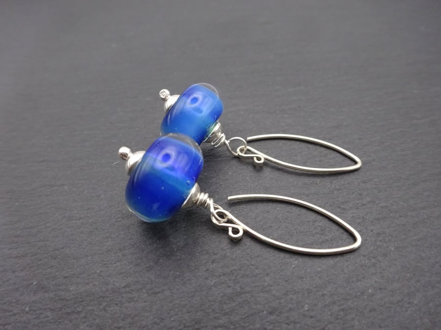 blue lampwork glass earrings, sterling silver