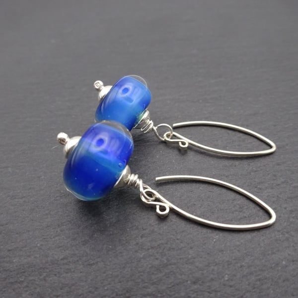 blue lampwork glass earrings, sterling silver