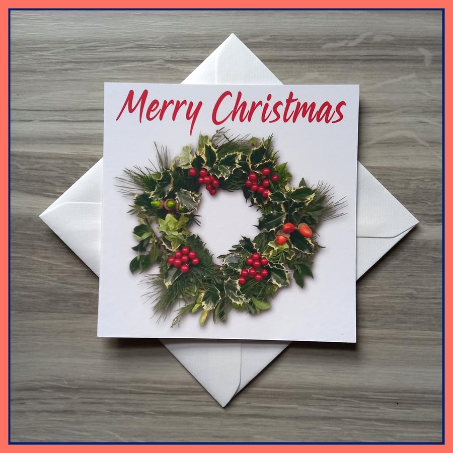 Christmas Wreath Card – Handmade Wreath Photo – Blank Inside