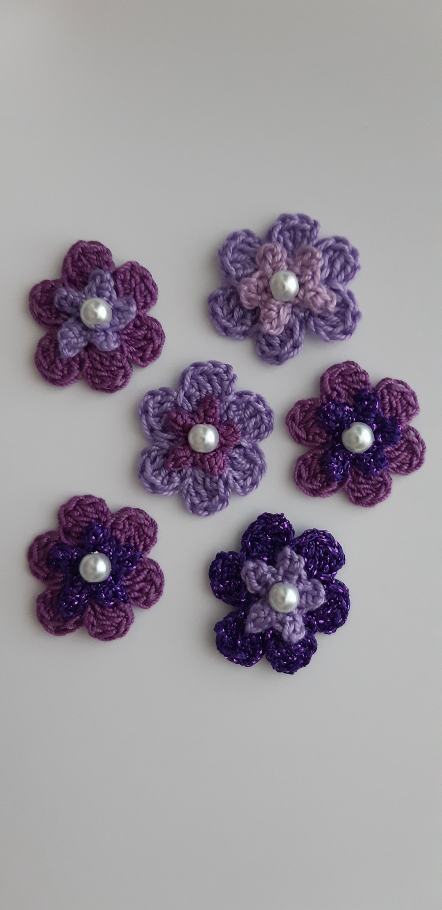 6 Purple Crochet Flowers- Embellishment- Crafts- Appliques