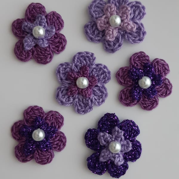 6 Purple Crochet Flowers- Embellishment- Crafts- Appliques