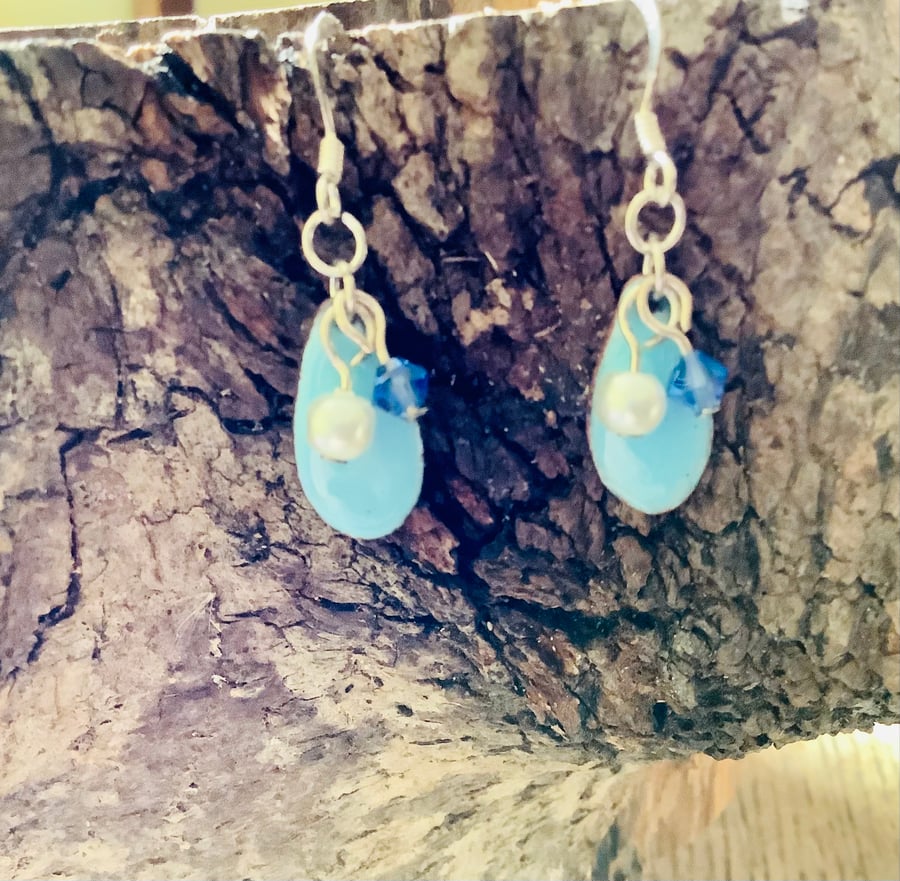 Pale blue enamelled copper teardrop dangle earrings on 925 silver hooks