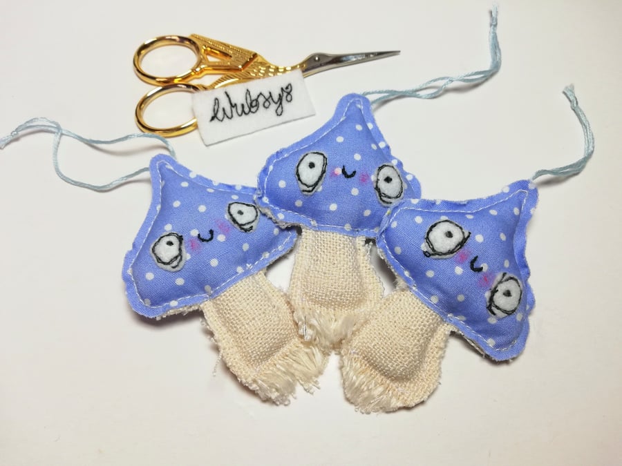 Mushrooms. Blue Polkadot Set of Three Hanging Fungi