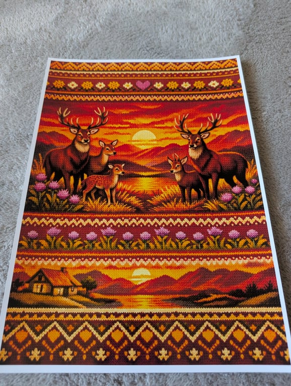 Fiery sunset Scottish Highlands Red Stag A4 fair isle photo print 