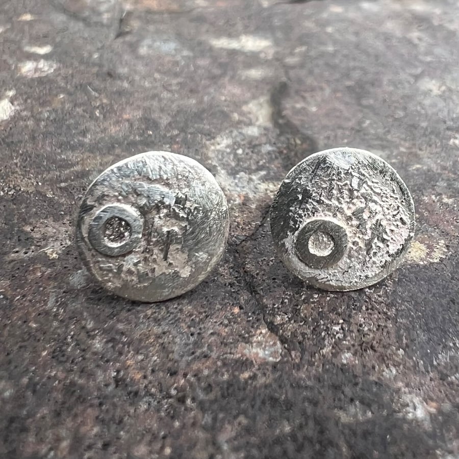 Eco Silver Textured Round Moon Stud Earrings