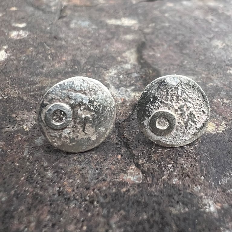Eco Silver Textured Round Moon Stud Earrings
