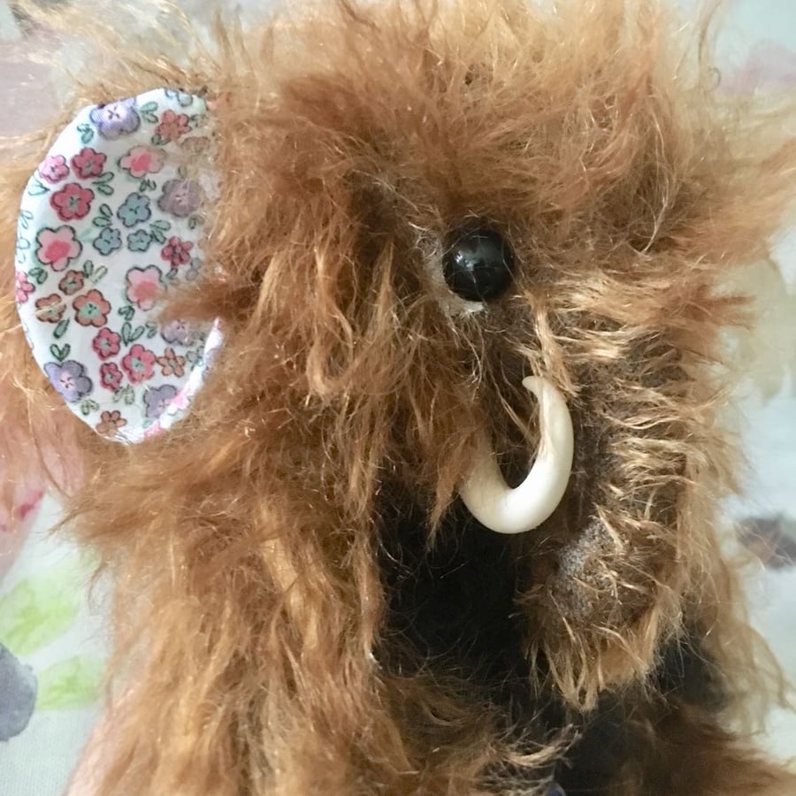 Marnie, wooly mammoth bear,  hand sewn collectible artist bear, clay tusks.