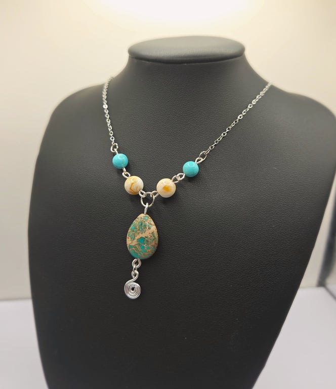Imperial Jasper and Spiral Pendant Gemstone Necklace, Sea Sediment Jasper