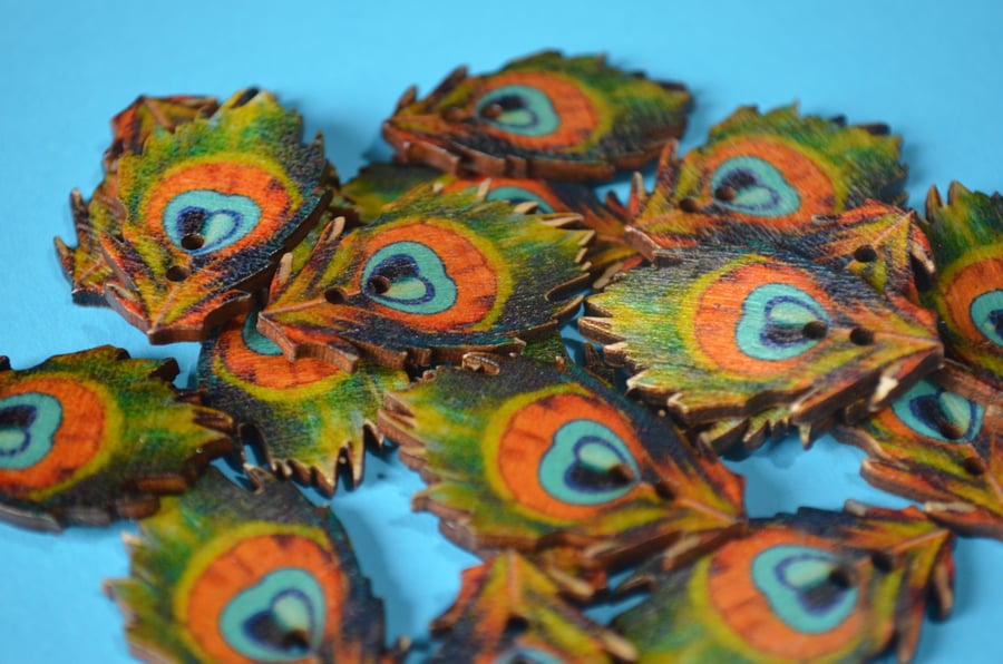 Wooden Peacock Feather Buttons 35x22mm Bird (F1)