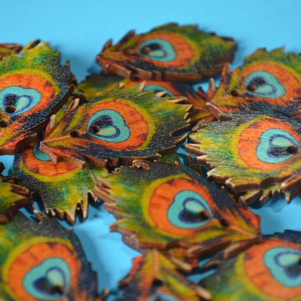 Wooden Peacock Feather Buttons 35x22mm Bird (F1)