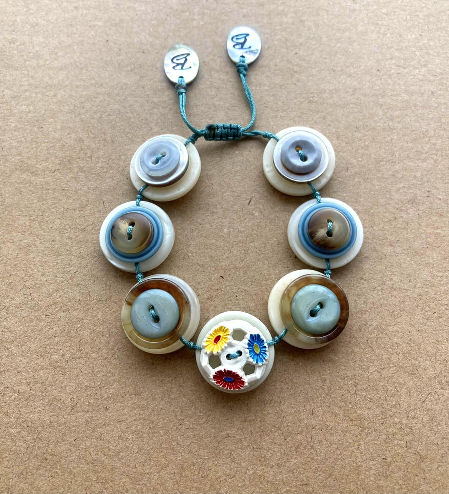 Ash Blue and beige - Vintage Button Adjustable Bracelet - Handmade 