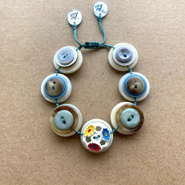 Ash Blue and beige - Vintage Button Adjustable Bracelet - Handmade 