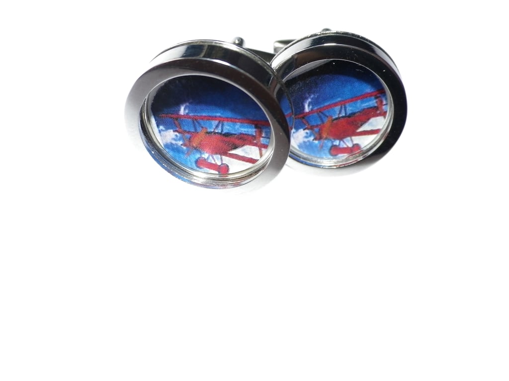 Red Biplane cufflinks, free shipping, gift wrapped, vintage image, Ref 8475