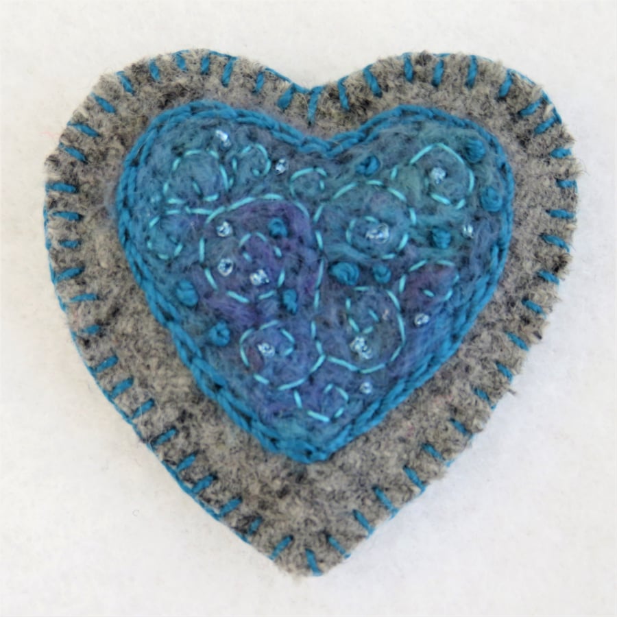 Heart Brooch Embroidered and Felted Turquoise on Grey