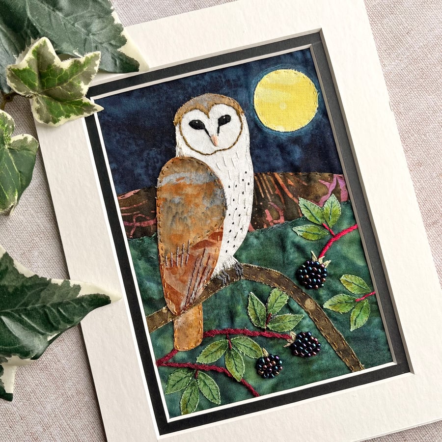 Owl textile art, barn owl lover, gift for bird lover, bird art, owl picture 