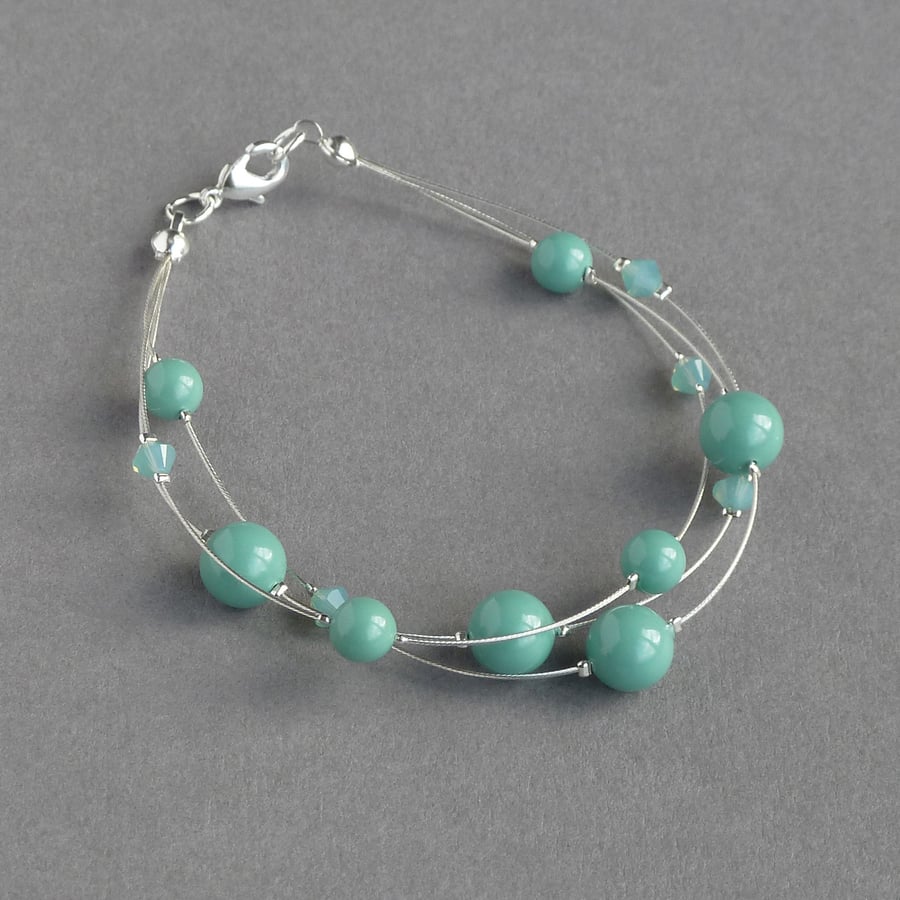 Aqua Floating Pearl Bracelet - Jade Multi-strand Jewellery - Bridesmaid Gifts