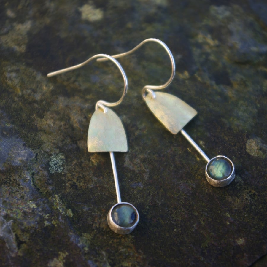 Brass Bell Earrings with Labradorite Dangles
