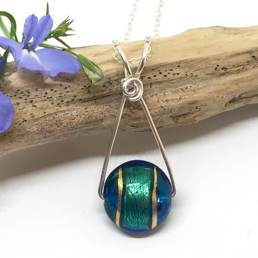 Sterling Silver Pendant, Murano Glass, Blue, Green  and Gold