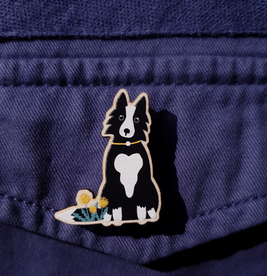 Border Collie Wooden Pin Brooch