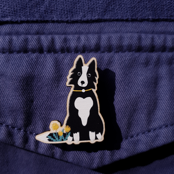 Border Collie Wooden Pin Brooch