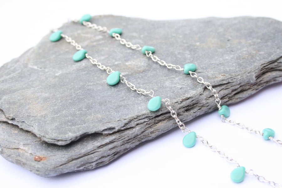 Silver necklace, pressed glass necklace, turquoise necklace, Christmas gift idea