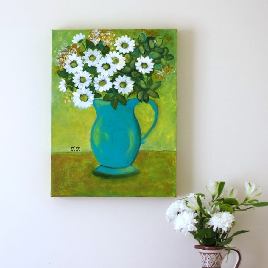 Green Still Life Floral Painting, White Flowers in Turquoise Vase Artwork