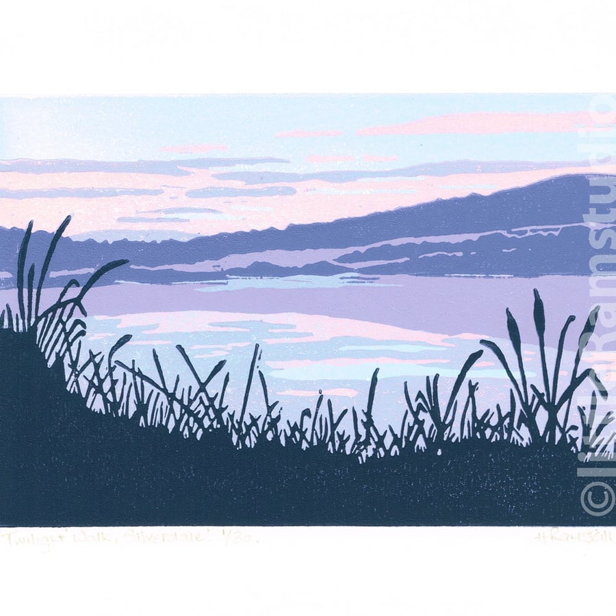 Purple Sunset titled 'Twilight Walk' limited edition linocut print.