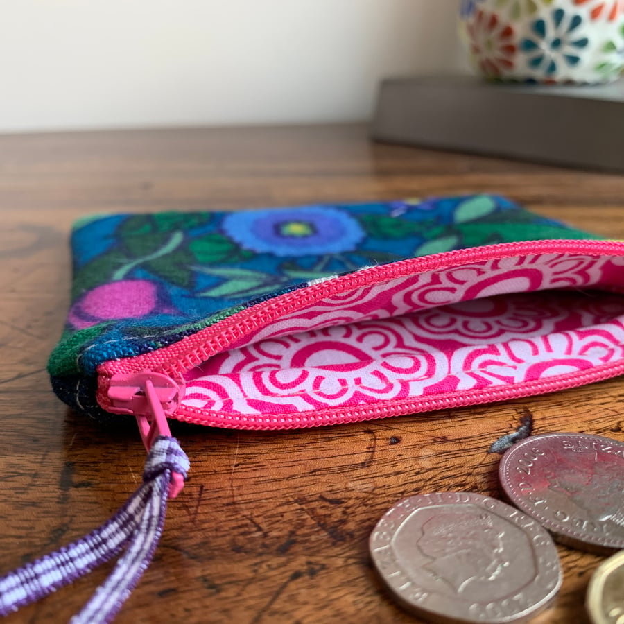 Vintage linen and denim coin purse