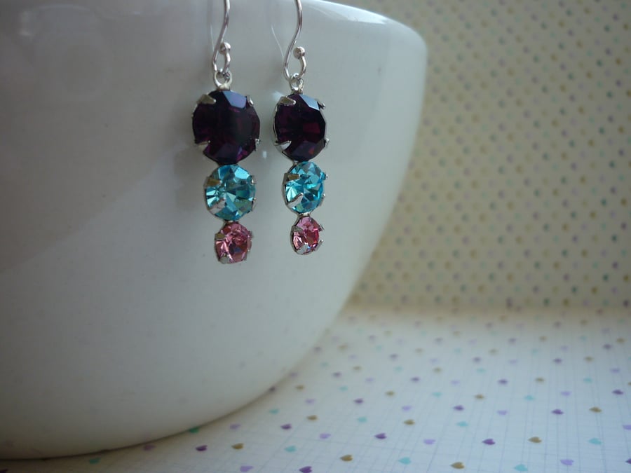AMETHYST, AQUA, SILVER AND PINK, VINTAGE STYLED EARRINGS.  1051