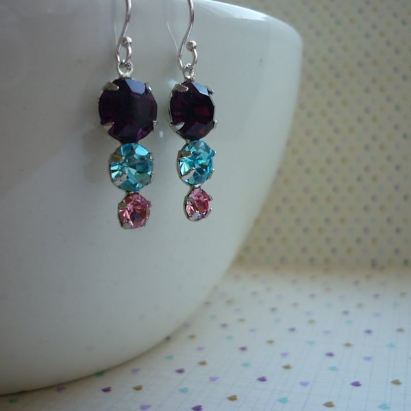 AMETHYST, AQUA, SILVER AND PINK, VINTAGE STYLED EARRINGS.  1051
