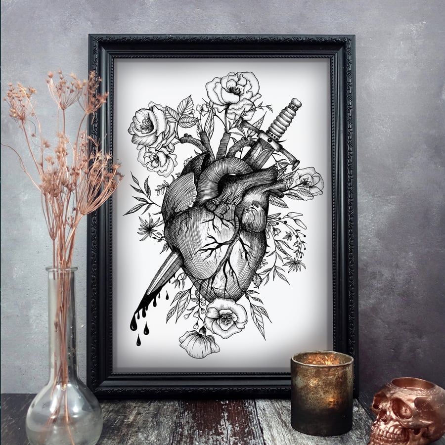 Bleeding Heart Print, Gothic Home Decor, Anatomical Heart, A3 Art Print