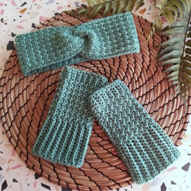 Fingerless Mitts & Ear Warmer Set Sage Green