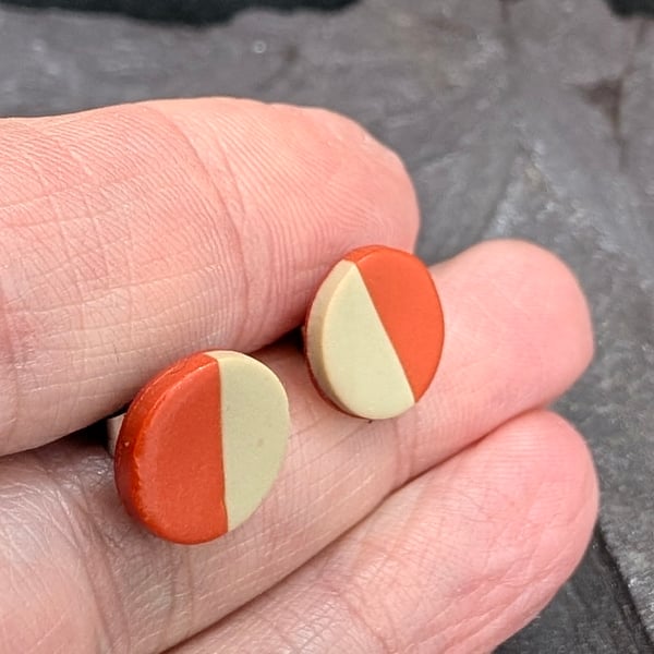 Retro minimalist split circle burnt Orange and cream studs 