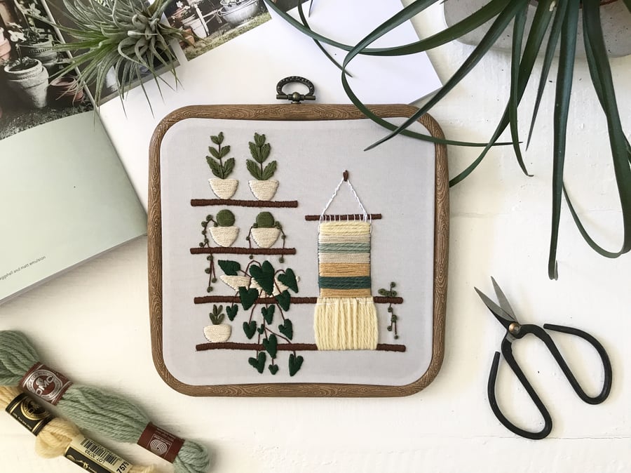 Plant Shelf Embroidery. Botanical art. Embroidered hoop. Succulent embroidery. 
