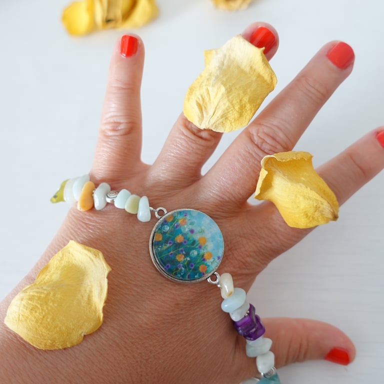 Aqua green bracelet with flower pendant, gemstone beaded jewellery