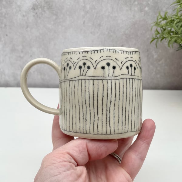 Monochrome Small Coffee Tea Cup Abstract Flower Stripe - Handmade Pottery