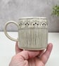 Monochrome Small Coffee Tea Cup Abstract Flower Stripe - Handmade Pottery