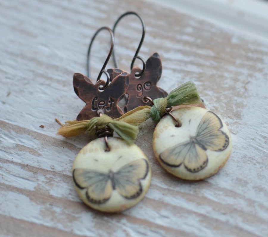Handmade Copper and Polymer Clay Butterfly Charm Earrings with Chiffon Bow